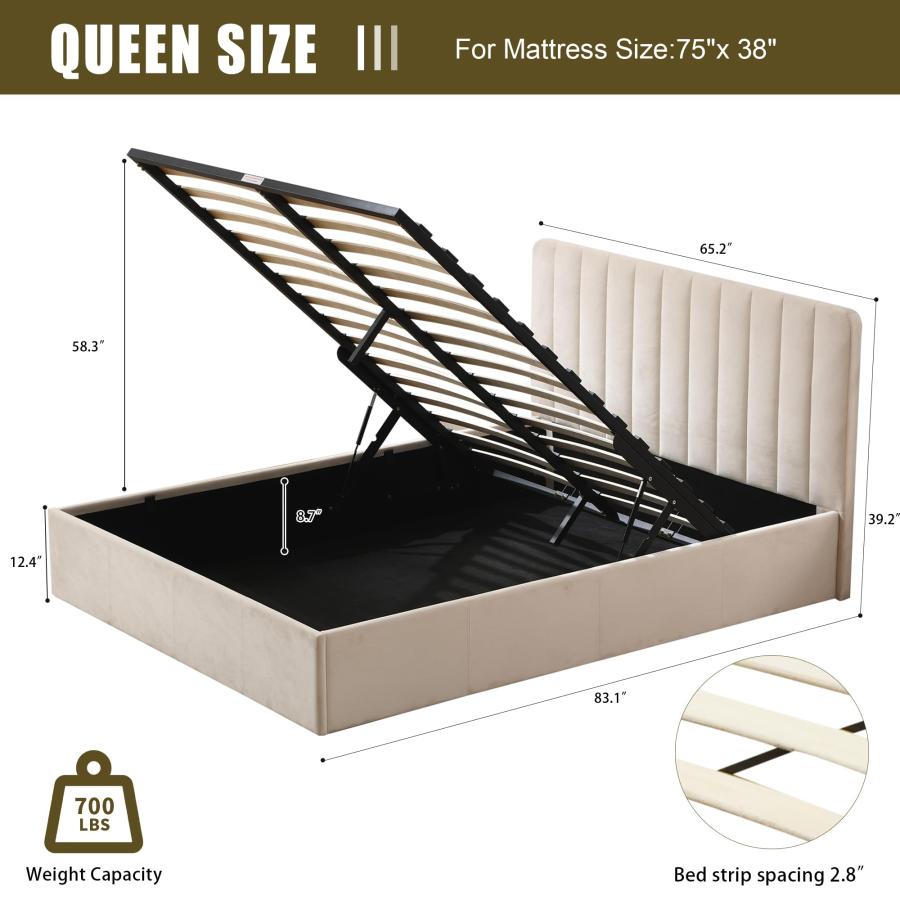 【並行輸入品】 PINJU Queen Size Storage Bed with Hydraulic Lift， Upholstered Pl