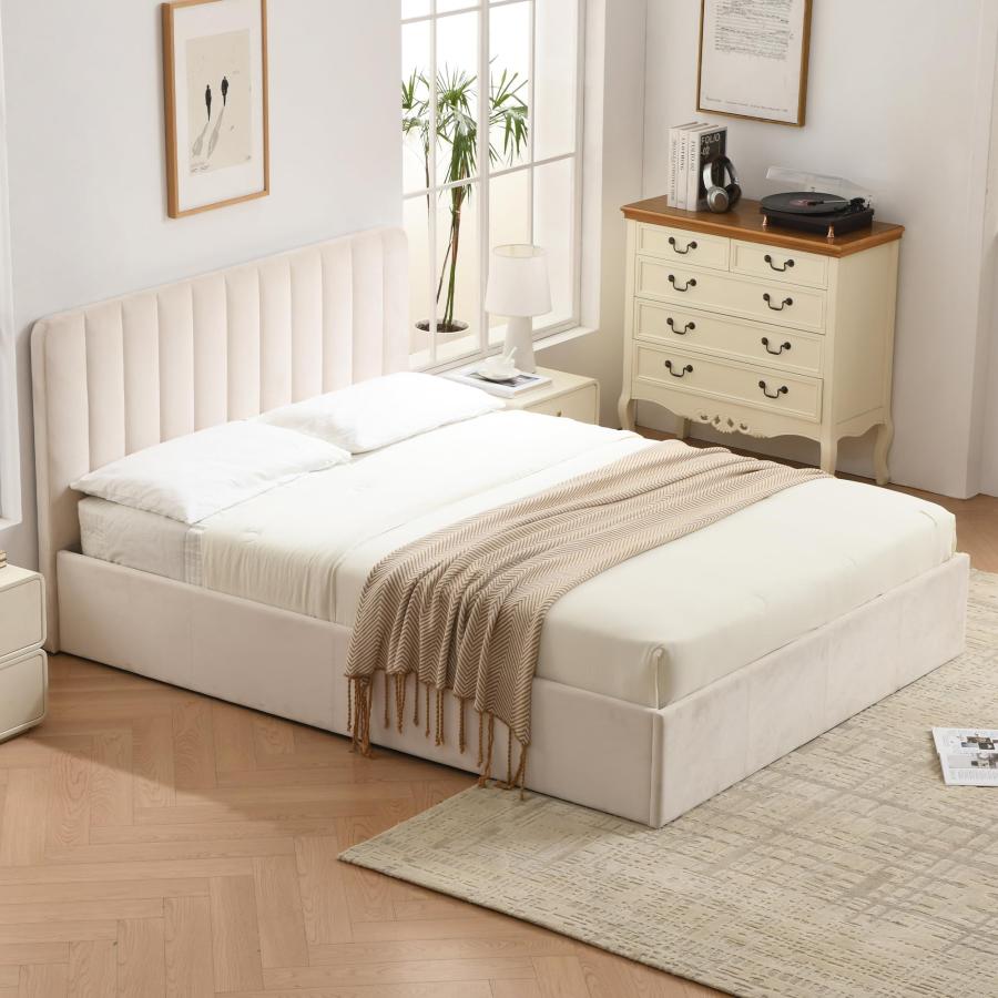 【並行輸入品】 PINJU Queen Size Storage Bed with Hydraulic Lift， Upholstered Pl