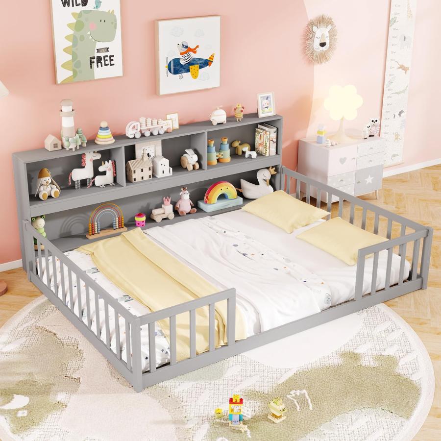【並行輸入品】 KOMFOTT Full Floor Bed with Bookcase & Shelves， Wood Bed Frame w_2