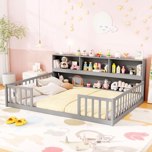 【並行輸入品】 KOMFOTT Full Floor Bed with Bookcase & Shelves， Wood Bed Frame w_3