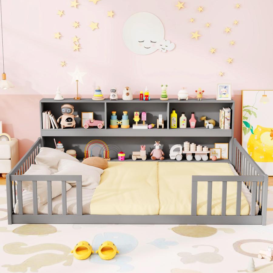 【並行輸入品】 KOMFOTT Full Floor Bed with Bookcase & Shelves， Wood Bed Frame w_8