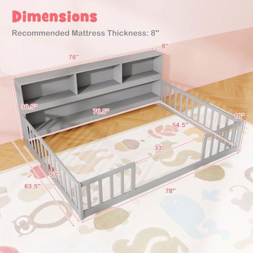 【並行輸入品】 KOMFOTT Full Floor Bed with Bookcase & Shelves， Wood Bed Frame w_9