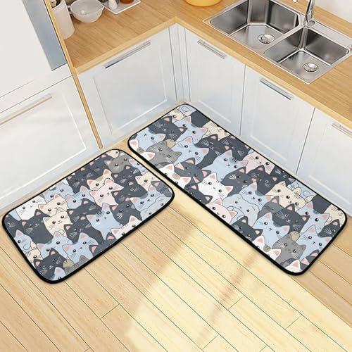 【並行輸入品】 Cat Cute Blue Kitchen Rugs and Mats 2 Pieces Anti Fatigue Kitche_1