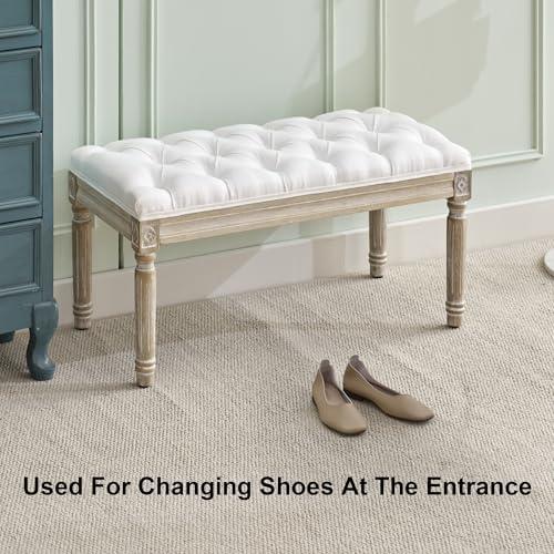 【並行輸入品】 UDAX Linen Entryway Bench， Upholstered Button End of Bed Bench，