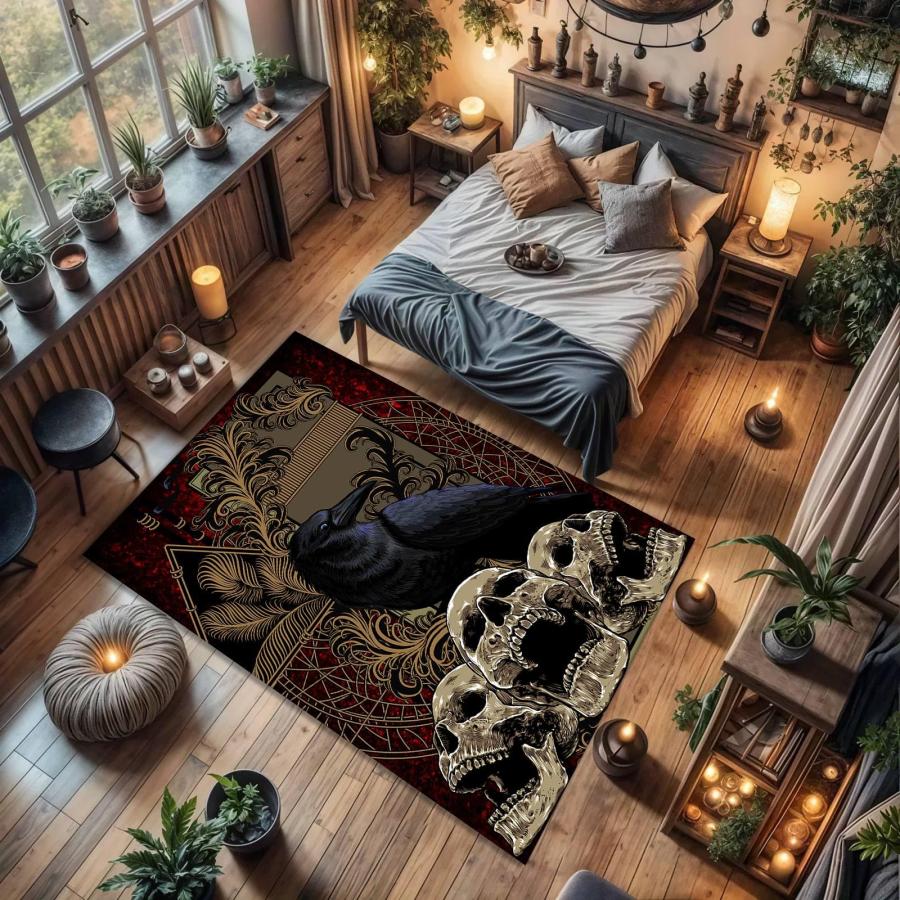 【並行輸入品】 ZLXMN Vintage Black Crow Skull Area Rug 5x7ft Gothic Style Hallo_6