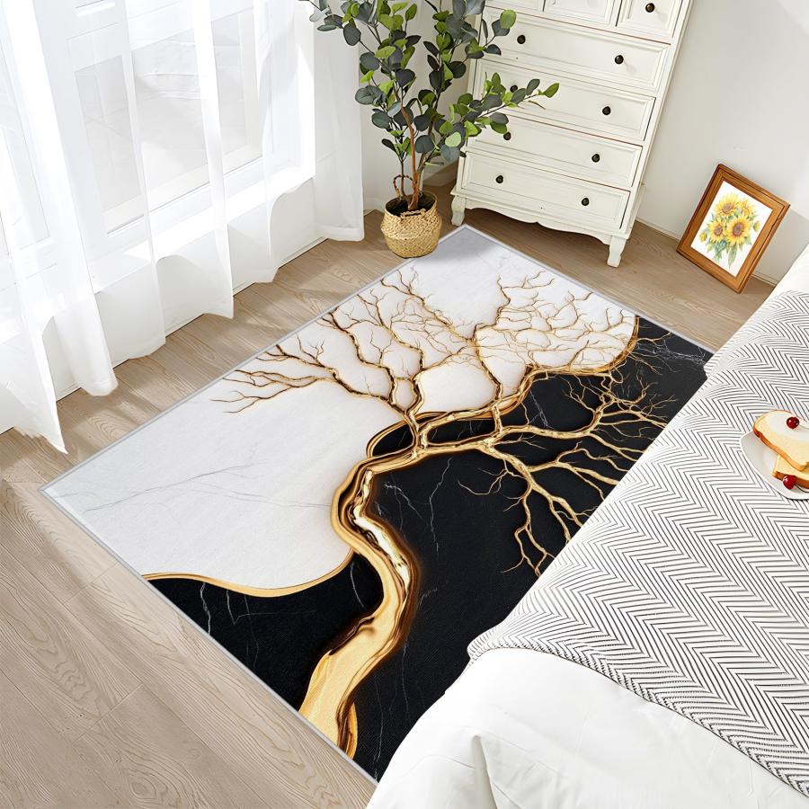 【並行輸入品】 Marble Rugs for Bedroom 4x5ft Abstract Modern Luxury Black Wh_6