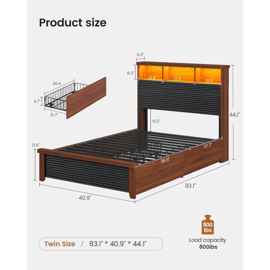 【並行輸入品】 VIAGDO Wood Twin Bed Frame with 4 Storage Drawers & Bookcase Hea_3