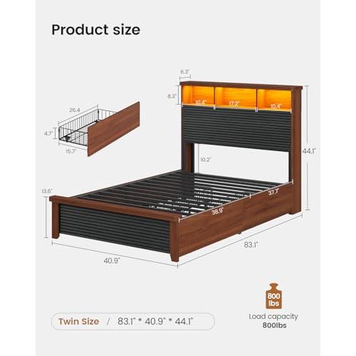 【並行輸入品】 VIAGDO Wood Twin Bed Frame with 4 Storage Drawers & Bookcase Hea_4