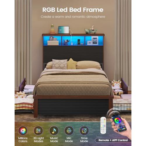 【並行輸入品】 VIAGDO Wood Twin Bed Frame with 4 Storage Drawers & Bookcase Hea_7