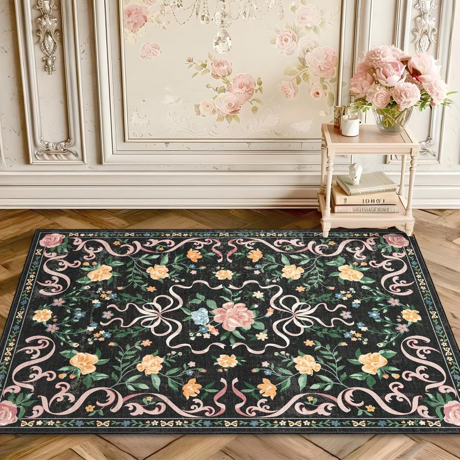 【並行輸入品】YesRug ブラックラグ リボン フローラルラグ 女の子用 2x3 洗濯可能 小面積ラグ 玄関 キッチン 玄関用 屋内玄関用 滑_3
