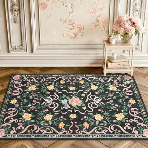 【並行輸入品】YesRug ブラックラグ リボン フローラルラグ 女の子用 2x3 洗濯可能 小面積ラグ 玄関 キッチン 玄関用 屋内玄関用 滑_4