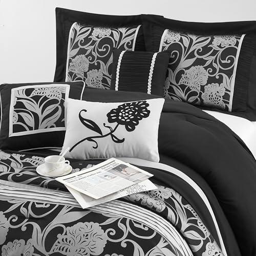 【並行輸入品】 Grand Avenue Black Sliver Comforter Set King Size， 7 Piece Jacqu_7