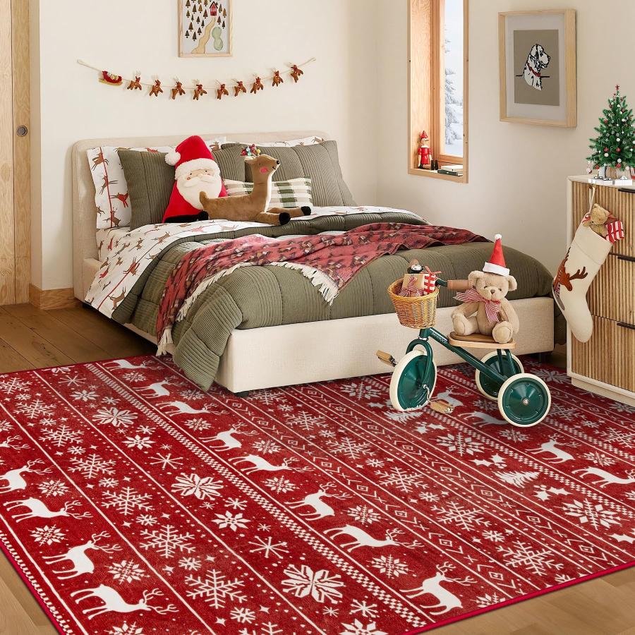 【並行輸入品】クリスマスラグ 4x6 洗えるラグ、ボーホー クリスマスツリースノーフレークラッグ 滑り止め ソフト ローパイル 抜けない 屋内_3