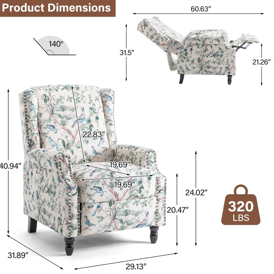 【並行輸入品】プッシュバックリクライニングチェア2脚セット、花柄ファブリックウィングバックリクライニングチェア、布張りのアームチェア、プッシュバ_3