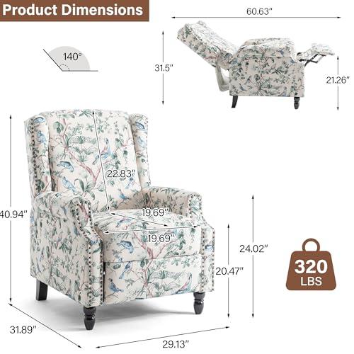 【並行輸入品】プッシュバックリクライニングチェア2脚セット、花柄ファブリックウィングバックリクライニングチェア、布張りのアームチェア、プッシュバ_4