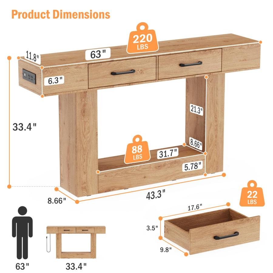 【並行輸入品】 Sybrioka 63" Console Table， Wooden Rectangular Sofa Table， with