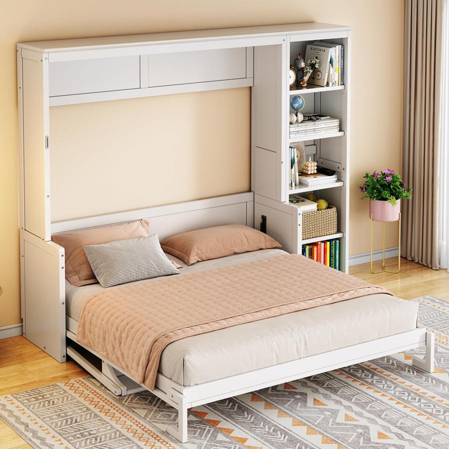 【並行輸入品】 LUMISOL Queen Size Murphy Bed, Solid Wood Wall Bed Frame with Deの画像