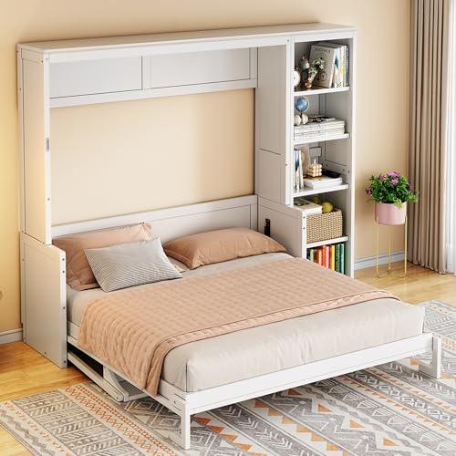 【並行輸入品】 LUMISOL Queen Size Murphy Bed, Solid Wood Wall Bed Frame with Deの画像