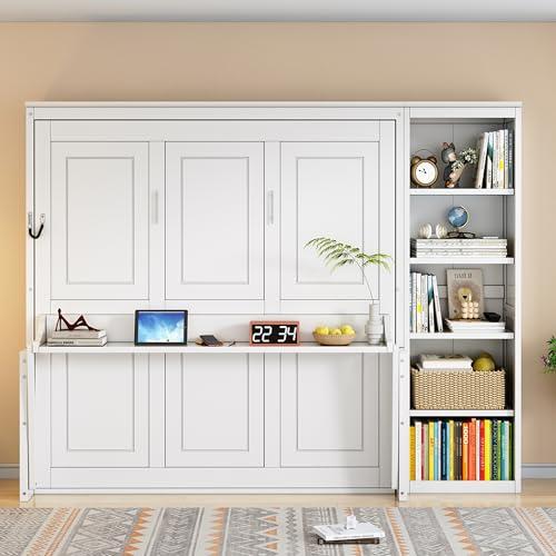 【並行輸入品】 LUMISOL Queen Size Murphy Bed, Solid Wood Wall Bed Frame with Deの画像
