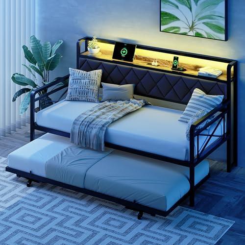 【並行輸入品】 VINGLI Twin Daybed with Pop up Trundle Bed， Day Bed with LED Lig_1