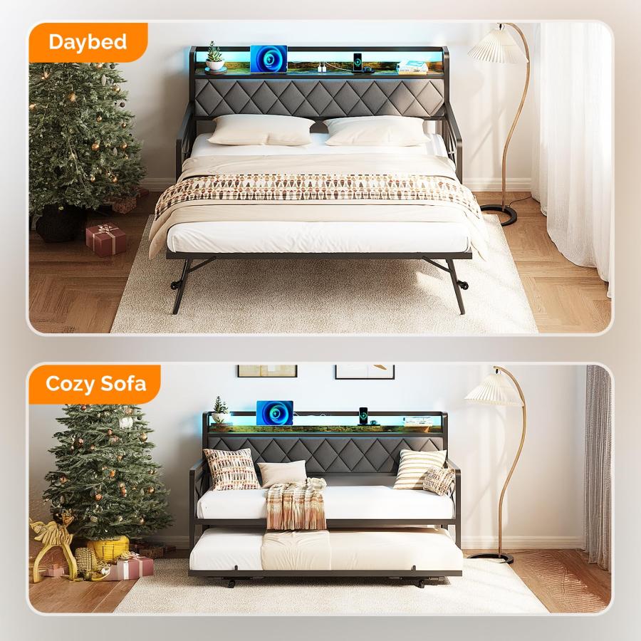 【並行輸入品】 VINGLI Twin Daybed with Pop up Trundle Bed， Day Bed with LED Lig_3
