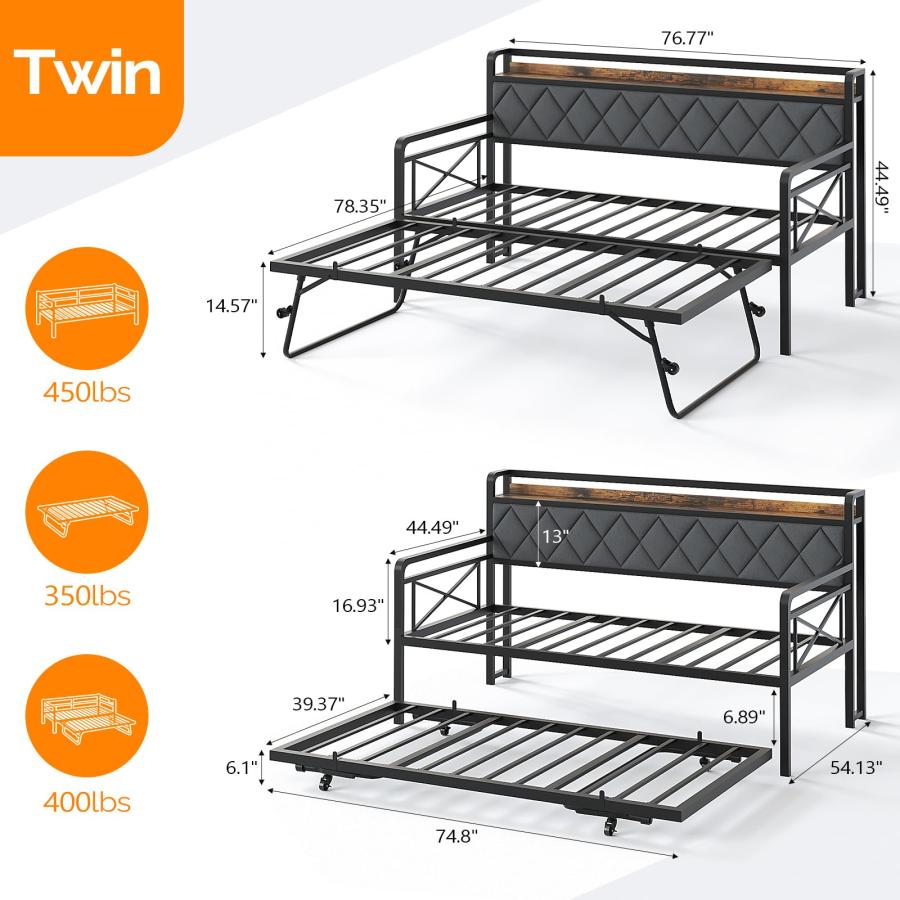 【並行輸入品】 VINGLI Twin Daybed with Pop up Trundle Bed， Day Bed with LED Lig_6