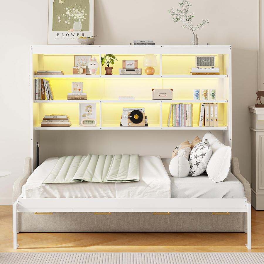 【並行輸入品】 HABITRIO Full Size Murphy Bed， Wood Cabinet Bed with Folding Sof_3