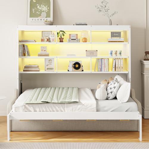 【並行輸入品】 HABITRIO Full Size Murphy Bed， Wood Cabinet Bed with Folding Sof_4