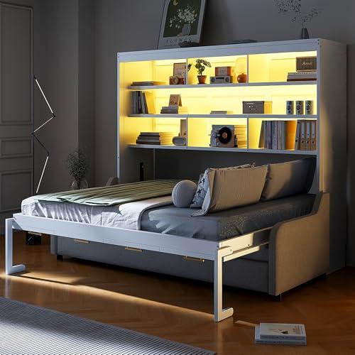 【並行輸入品】 HABITRIO Full Size Murphy Bed， Wood Cabinet Bed with Folding Sof_7