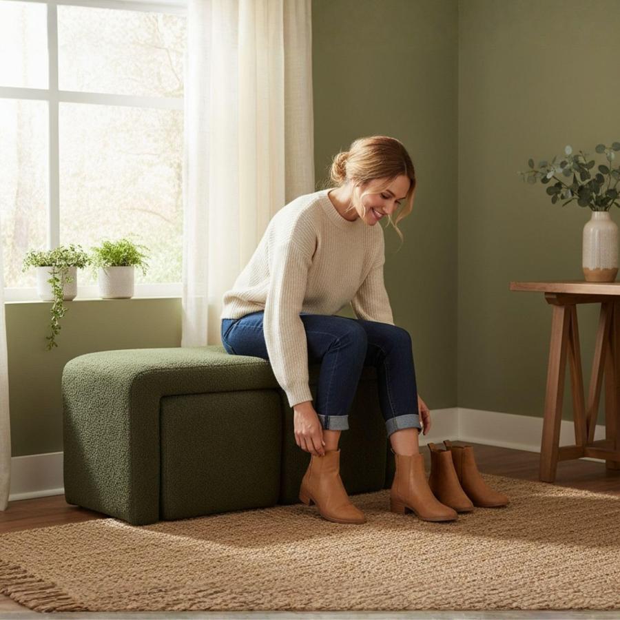 【並行輸入品】 ROCITY Green Boucle Bedroom Bench Small Upholstered Entryway Ben_3