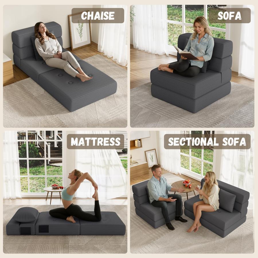 【並行輸入品】Voxelure コーデュロイ 折りたたみソファベッド、グレー、シングル Folding Sofa Bed， Convertibl_3