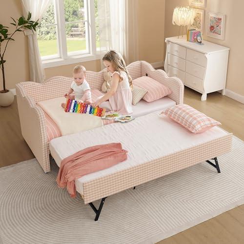 【並行輸入品】 TTK Twin Gingham Daybed with Pop Up Trundle Bed， Linen Twin to K_1