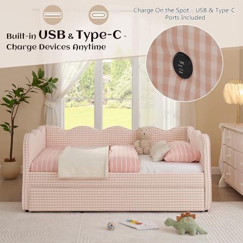 【並行輸入品】 TTK Twin Gingham Daybed with Pop Up Trundle Bed， Linen Twin to K_7