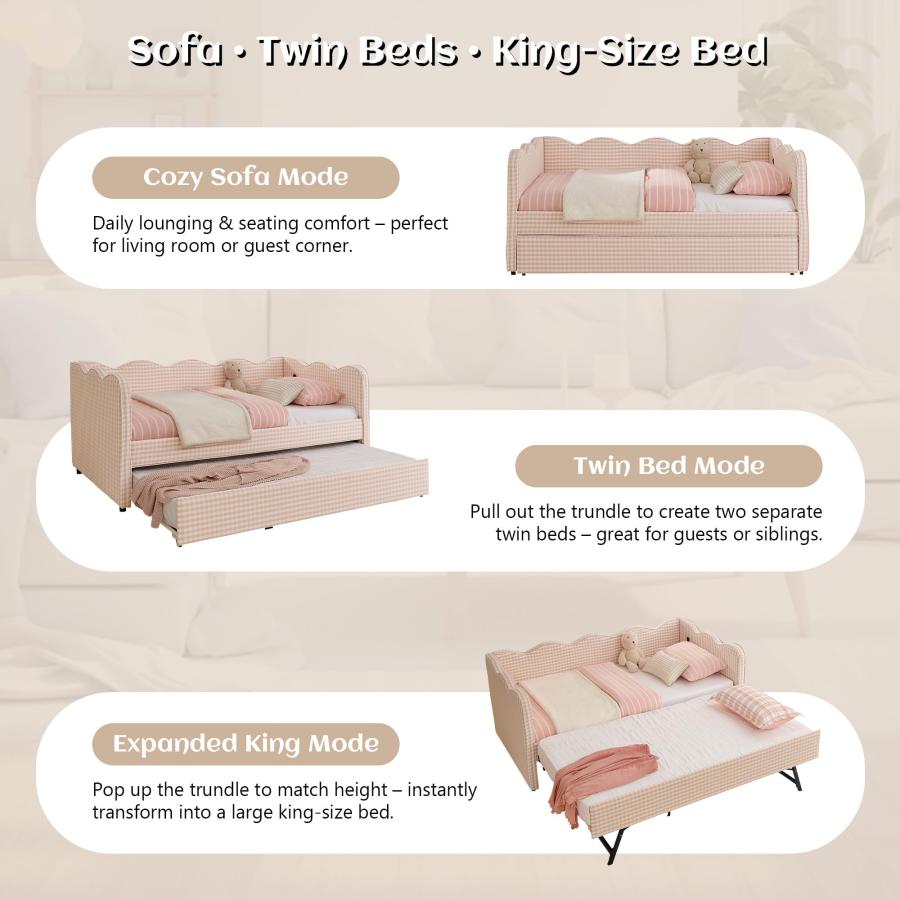 【並行輸入品】 TTK Twin Gingham Daybed with Pop Up Trundle Bed， Linen Twin to K_9