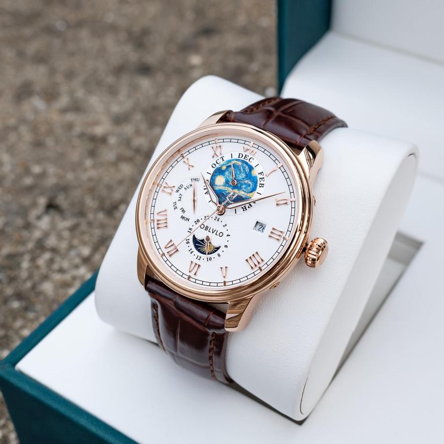 【並行輸入品】 OBLVLO Luxury Moon Sun Watch with Starry Night Dial, Steel Case,の画像