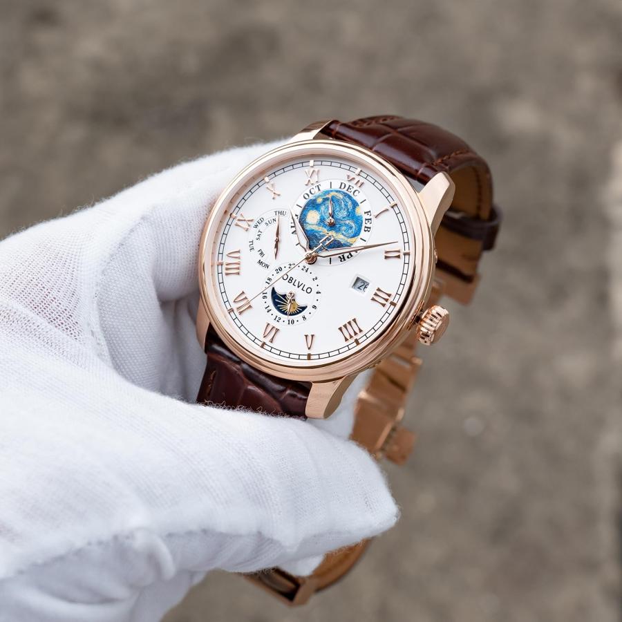 【並行輸入品】 OBLVLO Luxury Moon Sun Watch with Starry Night Dial, Steel Case,の画像