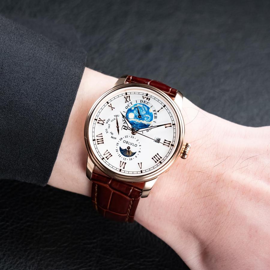 【並行輸入品】 OBLVLO Luxury Moon Sun Watch with Starry Night Dial, Steel Case,の画像
