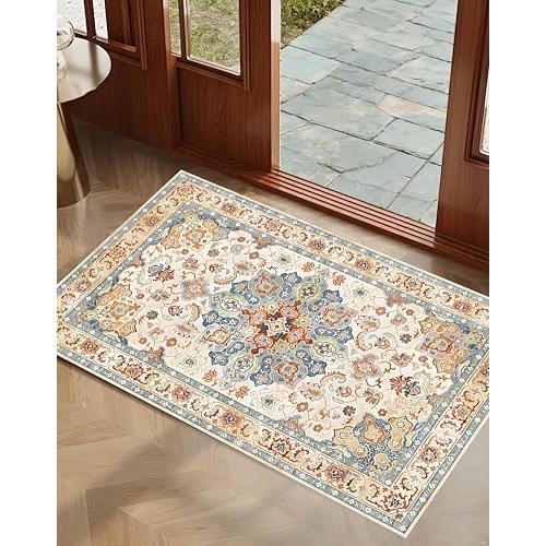【並行輸入品】 2x3 Small Rug for Entryway， Vintage Orange and Blue Rug Boho Non_1