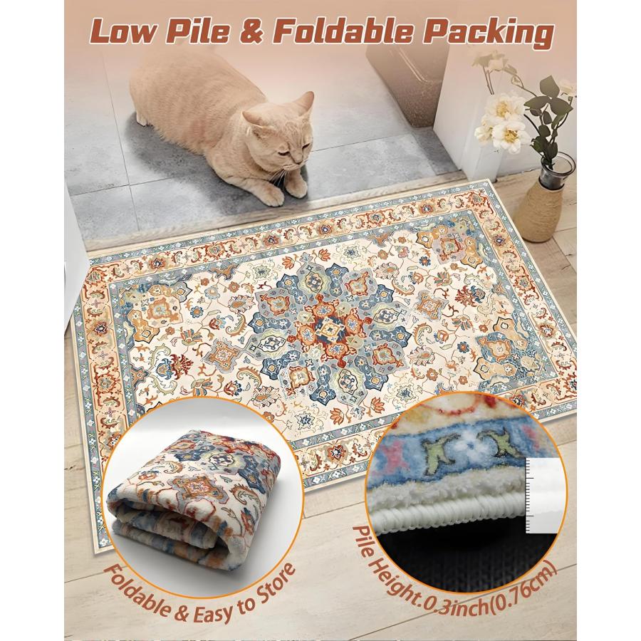 【並行輸入品】 2x3 Small Rug for Entryway， Vintage Orange and Blue Rug Boho Non_9
