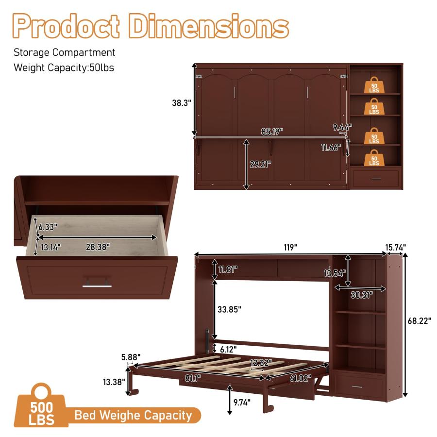 【並行輸入品】 SOFTSEA Queen Horizontal Murphy Bed with Desk, Foldable Wall Bedの画像