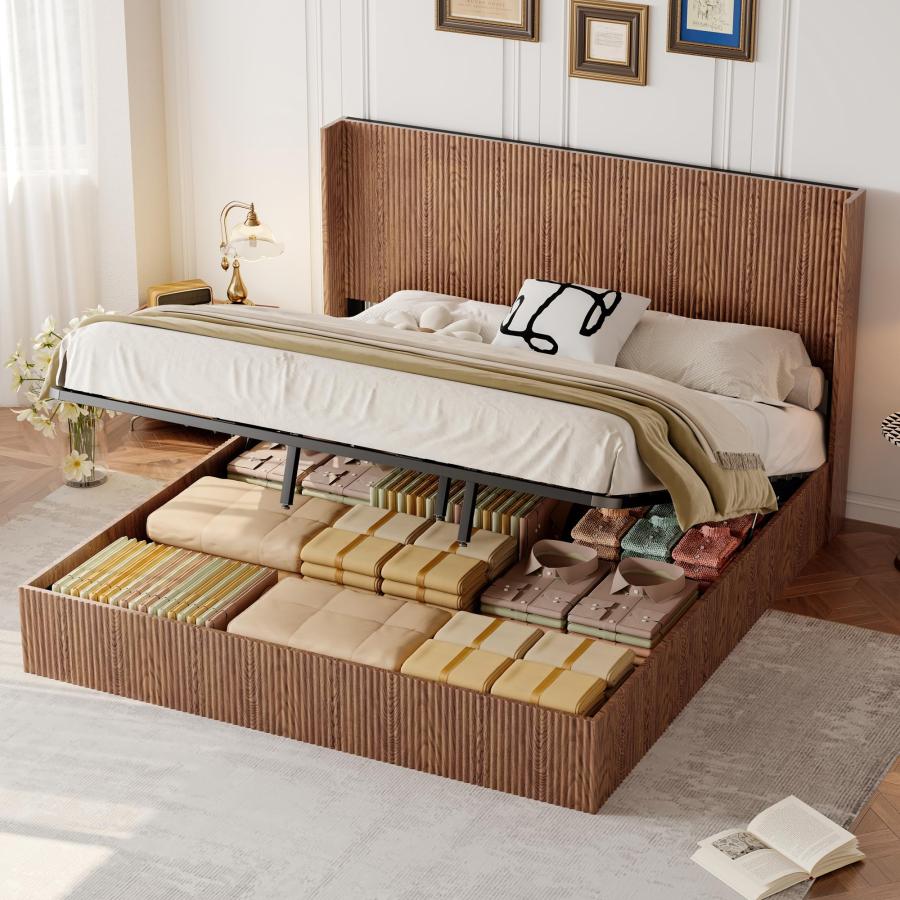【並行輸入品】 Large Grooved Undulating Lift Storage Bed Frame Wooden Platfor_6