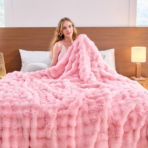 【並行輸入品】 Jeyfull Pink Faux Fur Throw Blanket Soft Plush Fluffy Bubble Tex_1