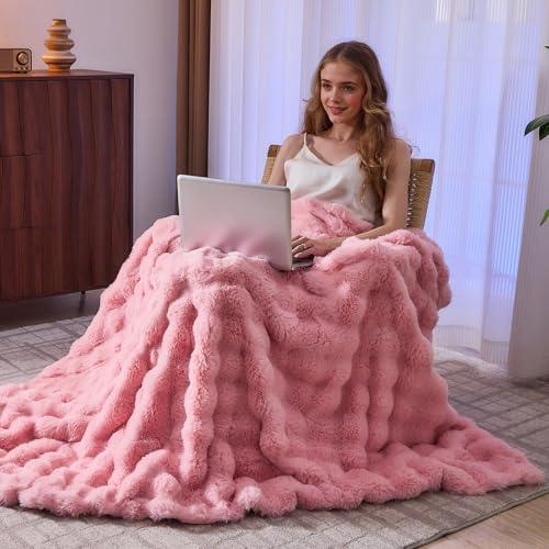 【並行輸入品】 Jeyfull Pink Faux Fur Throw Blanket Soft Plush Fluffy Bubble Tex_4