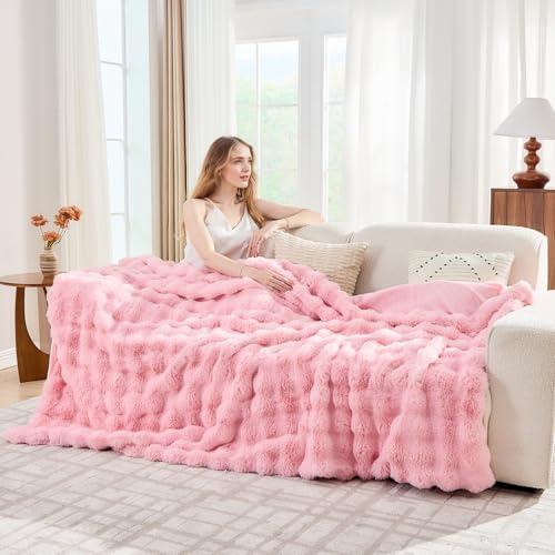 【並行輸入品】 Jeyfull Pink Faux Fur Throw Blanket Soft Plush Fluffy Bubble Tex_7