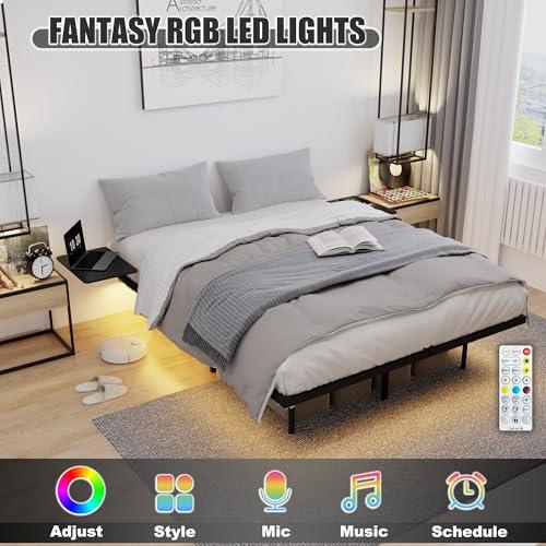 【並行輸入品】LUBEDCY プラットフォームクイーンベッドフレーム LEDライト付き USB充電ステーション付き 隠し脚メタルフレーム ボック_4