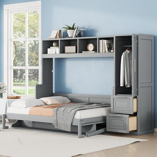 【並行輸入品】 LUMISOL Full Size Wood Murphy Bed, Space Saving Wall Bed Frame wの画像
