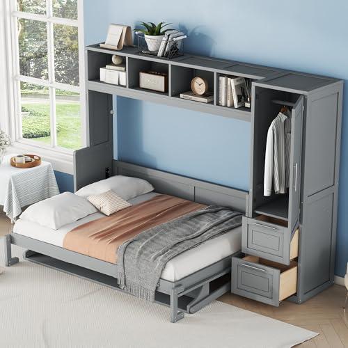 【並行輸入品】 LUMISOL Full Size Wood Murphy Bed, Space Saving Wall Bed Frame wの画像