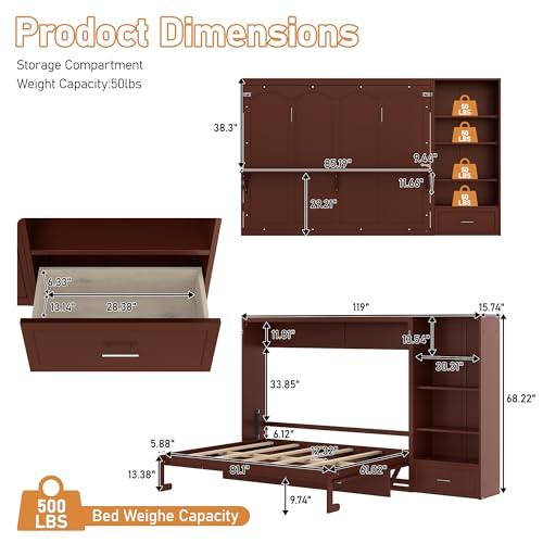 【並行輸入品】 Merax Queen Size Murphy Bed with Side Cabinet Storage Shelves,Quの画像