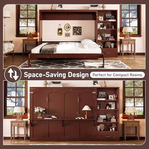 【並行輸入品】 Merax Queen Size Murphy Bed with Side Cabinet Storage Shelves,Quの画像
