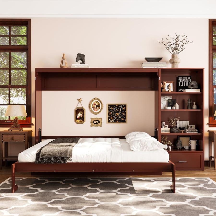 【並行輸入品】 Merax Queen Size Murphy Bed with Side Cabinet Storage Shelves,Quの画像